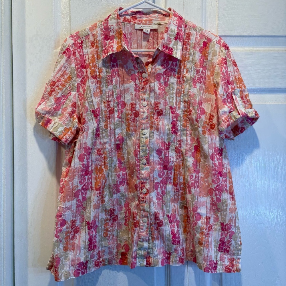 JM Collection Pink Patterned 100% Cotton Short Sleeve Button Up Top - Size 14